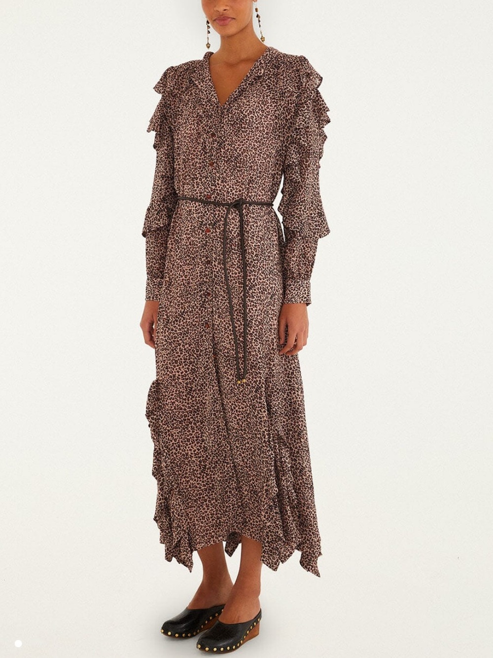 NWT Farm Rio Pink Baby Leopard Long Sleeve Angled Frill Maxi Dress *flawed